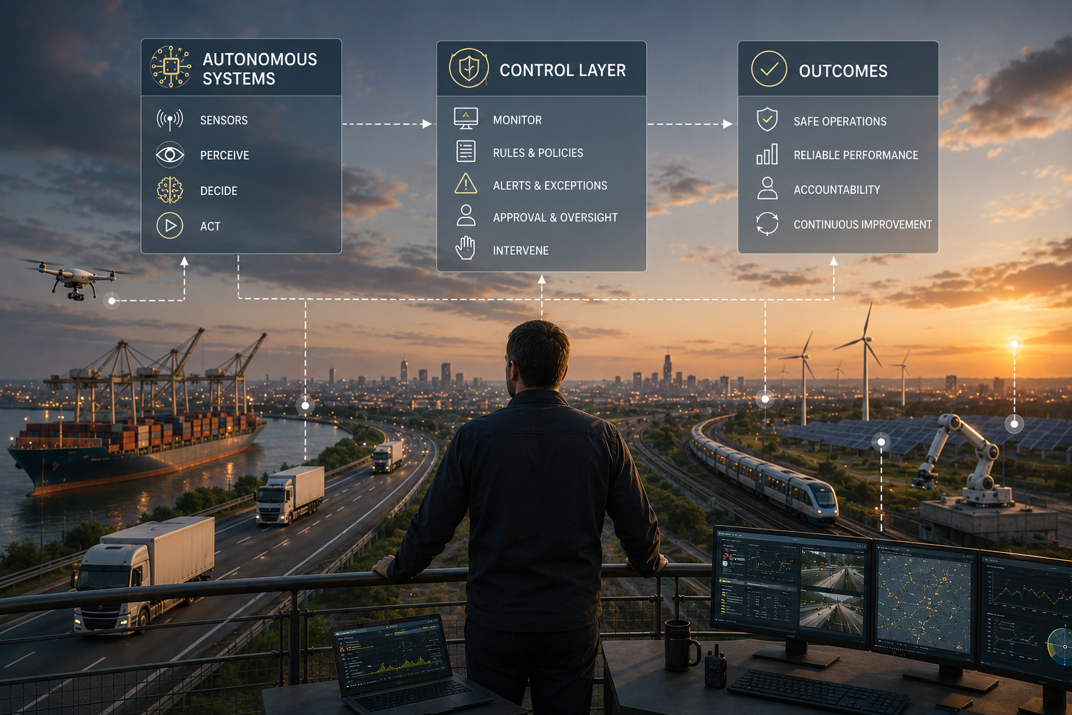Autonomous systems control layer: Perceive-Decide-Act with monitoring, rules, approval and oversight